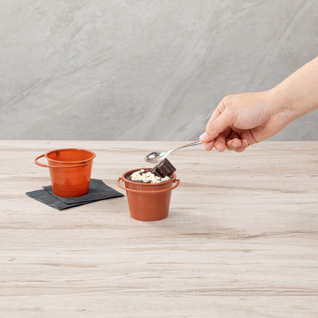 Mini Serve 2 oz Round Brown Plastic Dessert Bucket Cup - 3 1/4'' x 3 1/4'' x 2 1/4'' - 25 count box