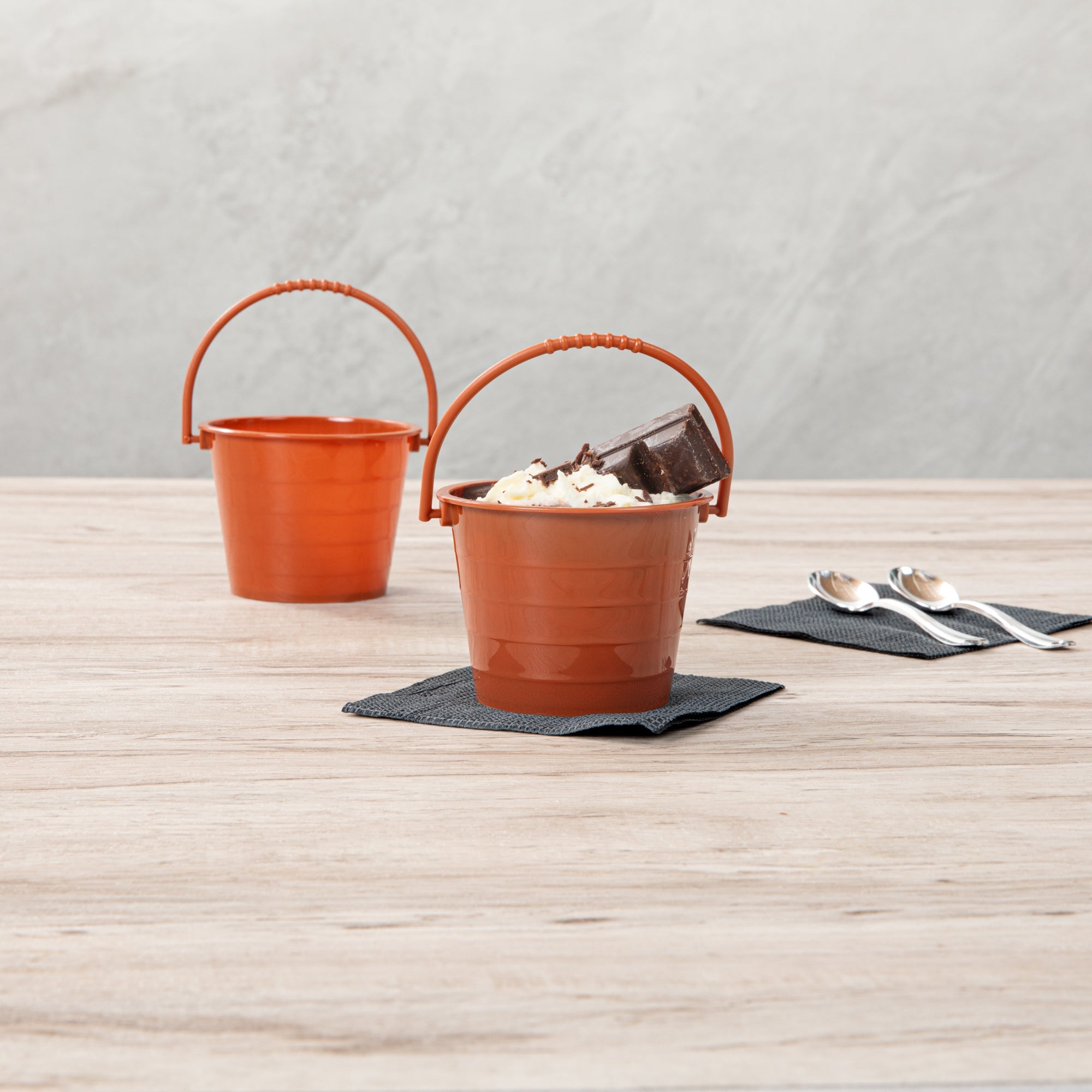 Mini Serve 2 oz Round Brown Plastic Dessert Bucket Cup - 3 1/4'' x 3 1/4'' x 2 1/4'' - 100 count box