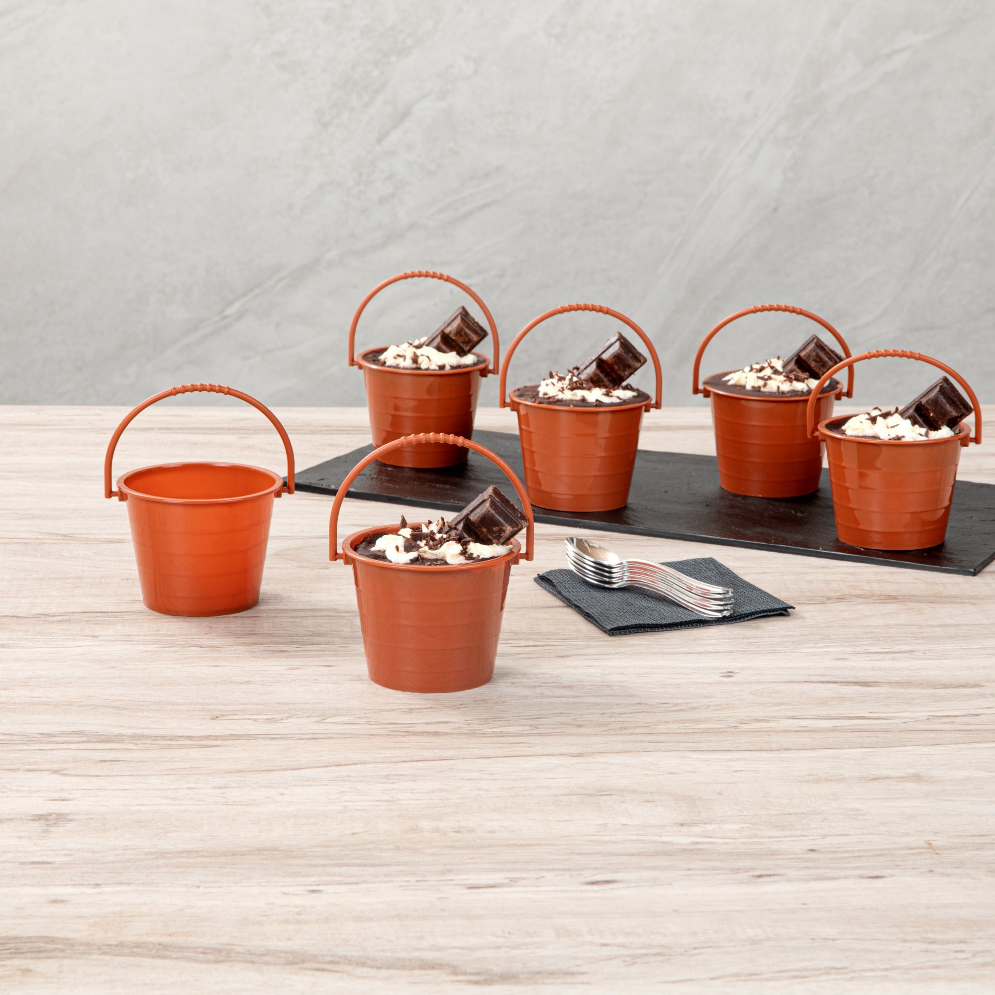 Mini Serve 2 oz Round Brown Plastic Dessert Bucket Cup - 3 1/4'' x 3 1/4'' x 2 1/4'' - 100 count box