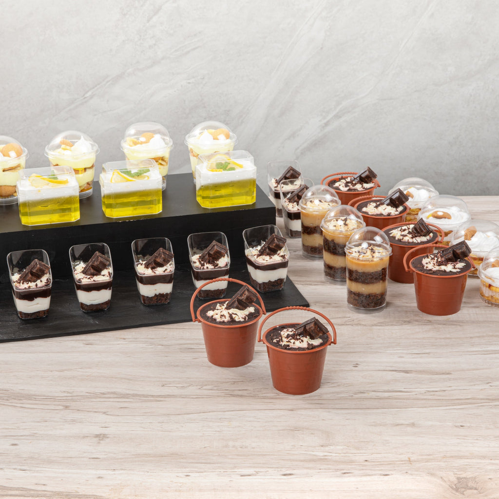 Mini Serve 2 oz Round Brown Plastic Dessert Bucket Cup - 3 1/4'' x 3 1/4'' x 2 1/4'' - 100 count box