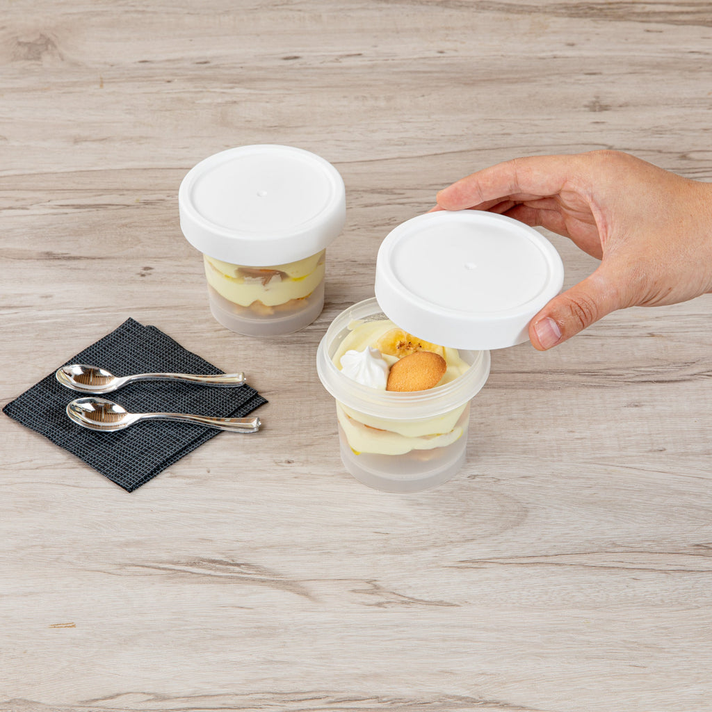 Mini Serve 8 oz Round Clear Plastic Dessert Cup - with Lid - 3 1/2'' x 3 1/2'' x 3'' - 25 count box