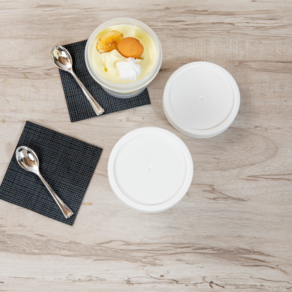 Mini Serve 8 oz Round Clear Plastic Dessert Cup - with Lid - 3 1/2'' x 3 1/2'' x 3'' - 100 count box