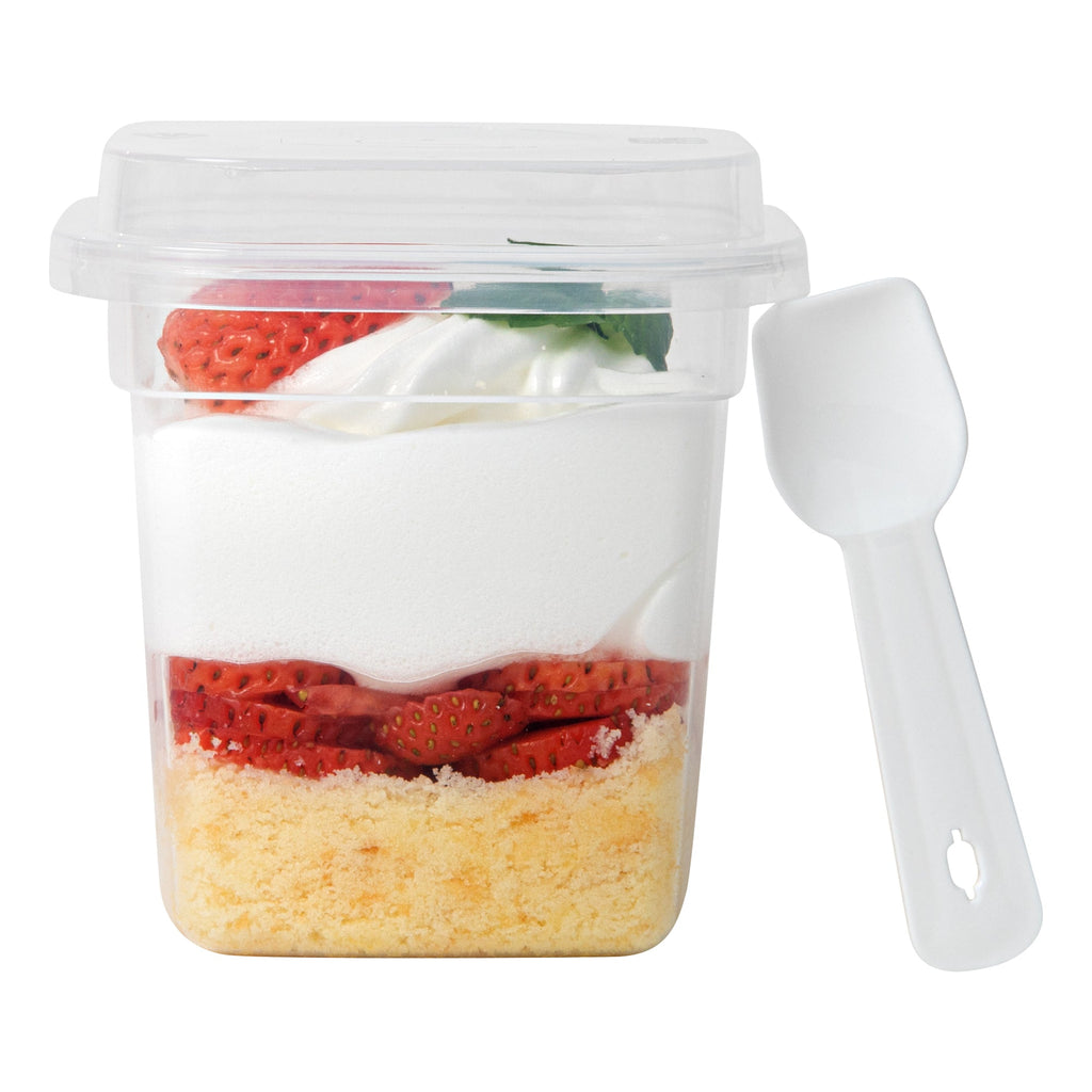 Mini Serve 7 oz Square Clear Plastic Dessert Cup - with Lid and Spoon - 3 1/4'' x 3 1/4'' x 3 1/2'' - 100 count box