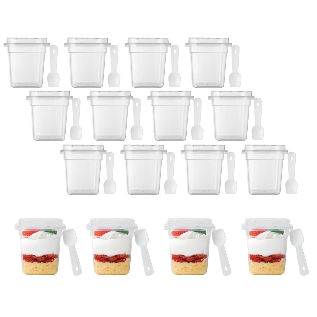 Mini Serve 7 oz Square Clear Plastic Dessert Cup - with Lid and Spoon - 3 1/4'' x 3 1/4'' x 3 1/2'' - 25 count box