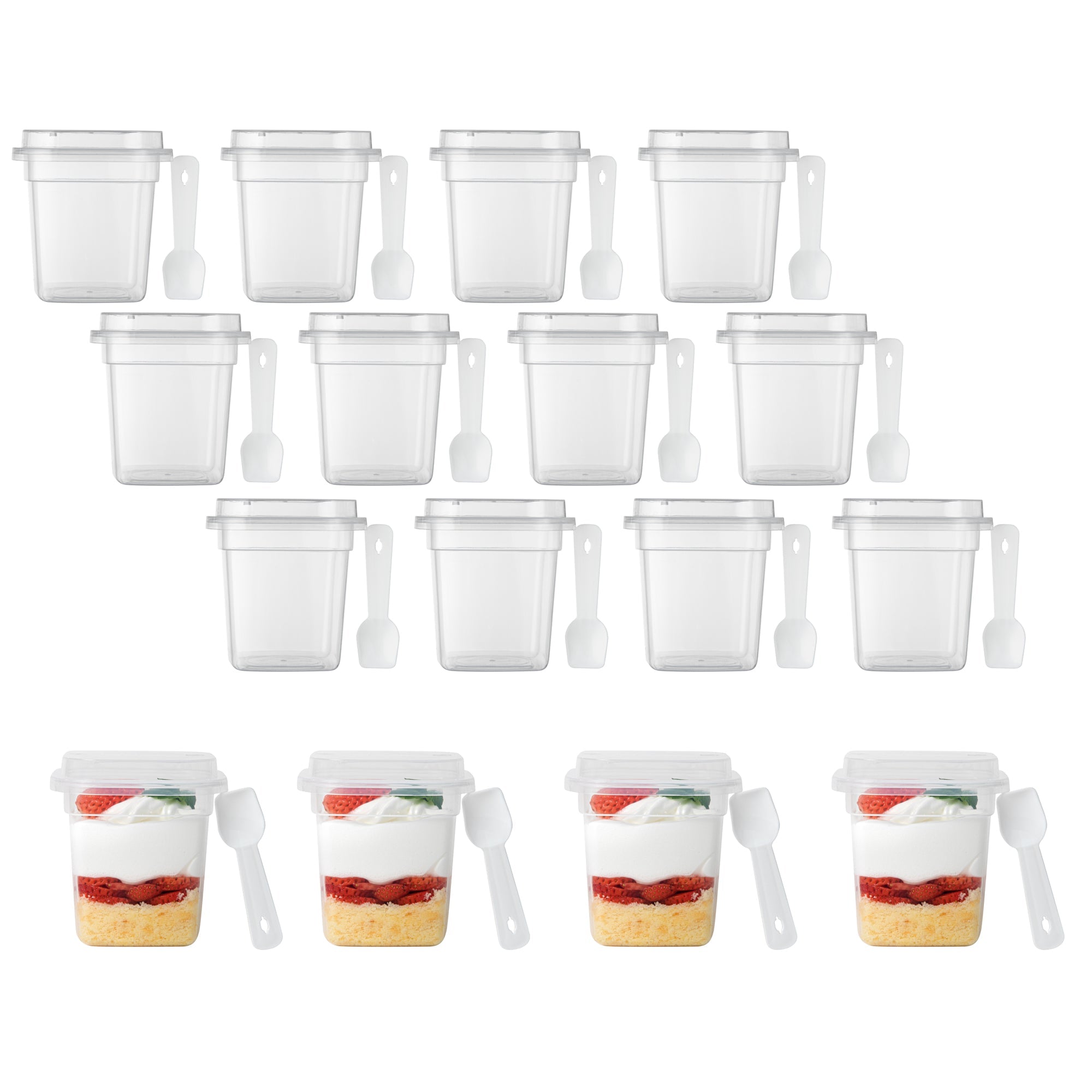 Mini Serve 7 oz Square Clear Plastic Dessert Cup - with Lid and Spoon - 3 1/4'' x 3 1/4'' x 3 1/2'' - 25 count box