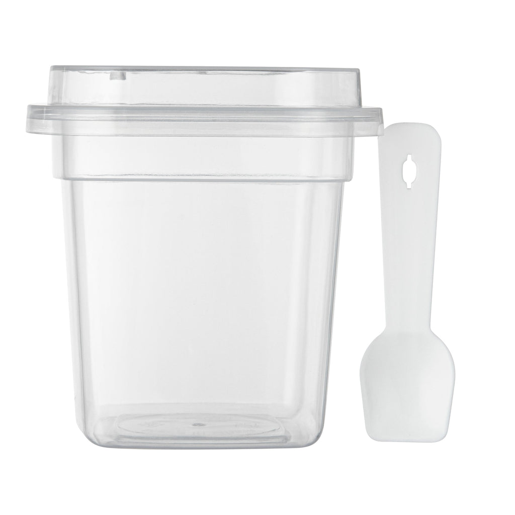 Mini Serve 7 oz Square Clear Plastic Dessert Cup - with Lid and Spoon - 3 1/4'' x 3 1/4'' x 3 1/2'' - 25 count box