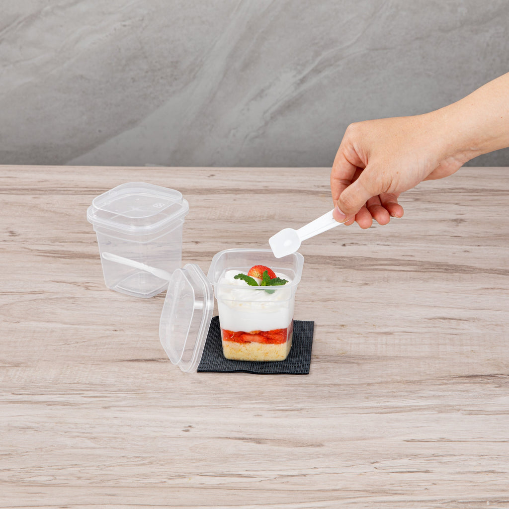 Mini Serve 7 oz Square Clear Plastic Dessert Cup - with Lid and Spoon - 3 1/4'' x 3 1/4'' x 3 1/2'' - 25 count box