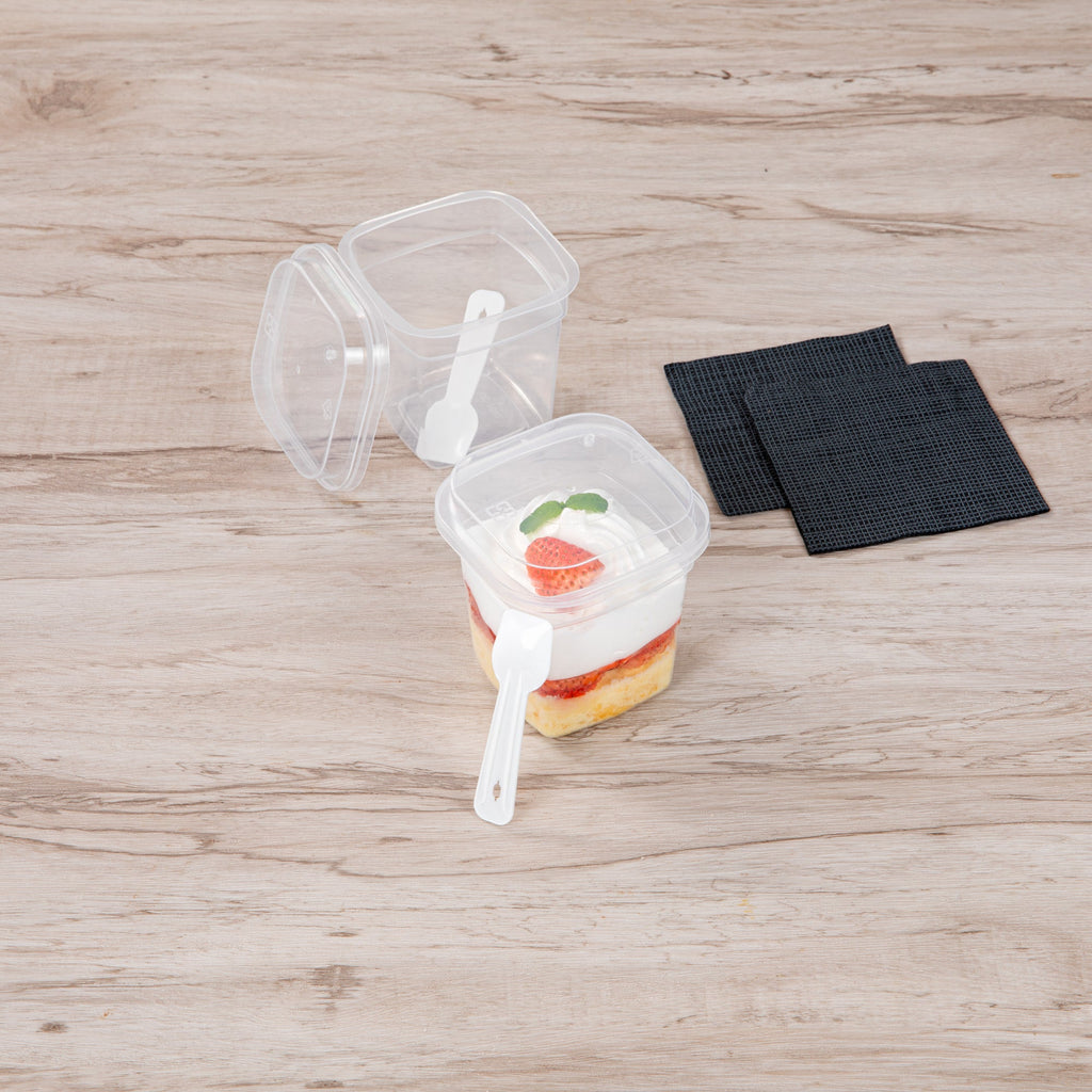 Mini Serve 7 oz Square Clear Plastic Dessert Cup - with Lid and Spoon - 3 1/4'' x 3 1/4'' x 3 1/2'' - 25 count box