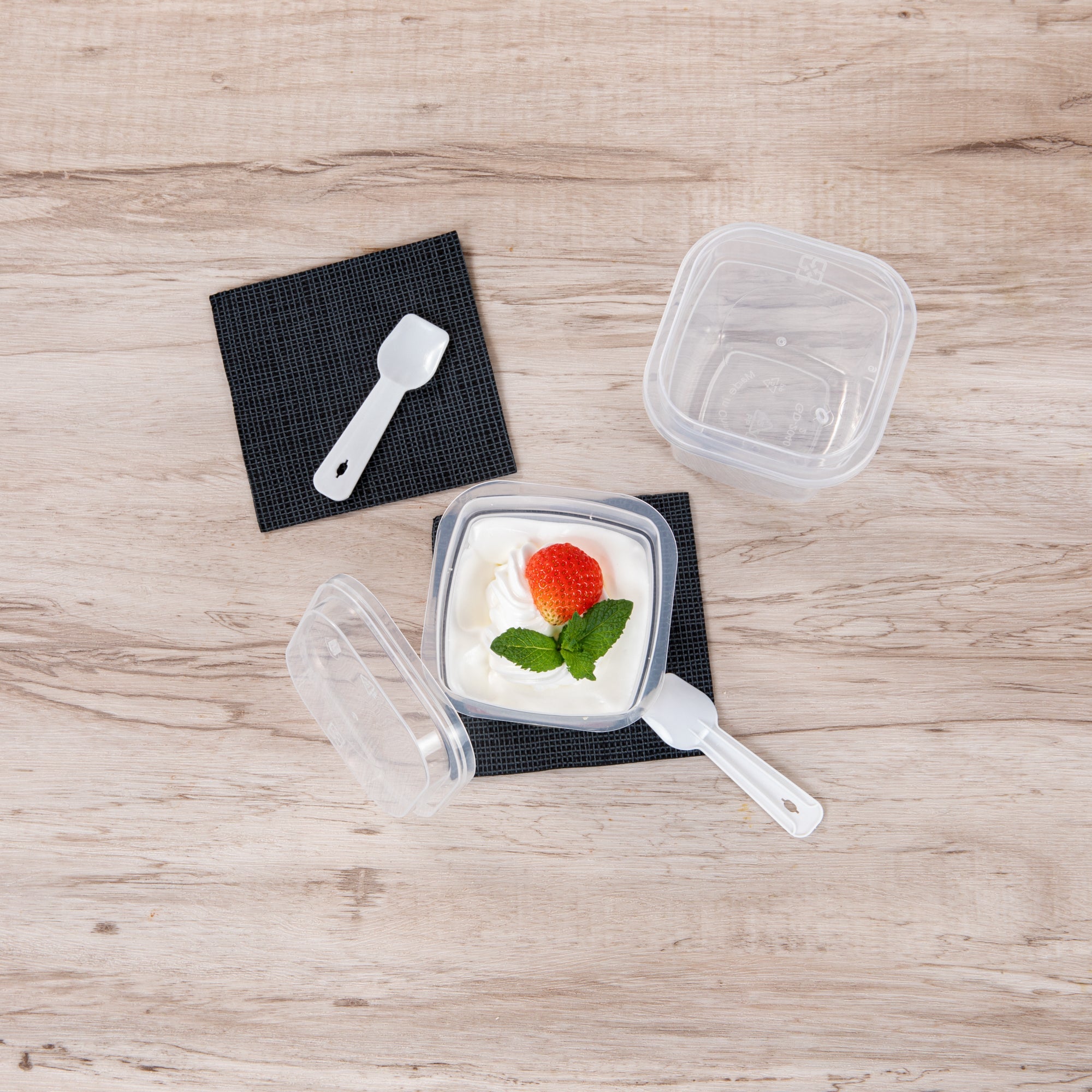 Mini Serve 7 oz Square Clear Plastic Dessert Cup - with Lid and Spoon - 3 1/4'' x 3 1/4'' x 3 1/2'' - 25 count box