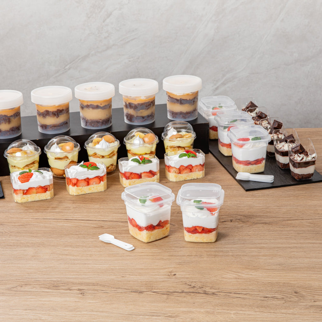 Mini Serve 7 oz Square Clear Plastic Dessert Cup - with Lid and Spoon - 3 1/4'' x 3 1/4'' x 3 1/2'' - 25 count box