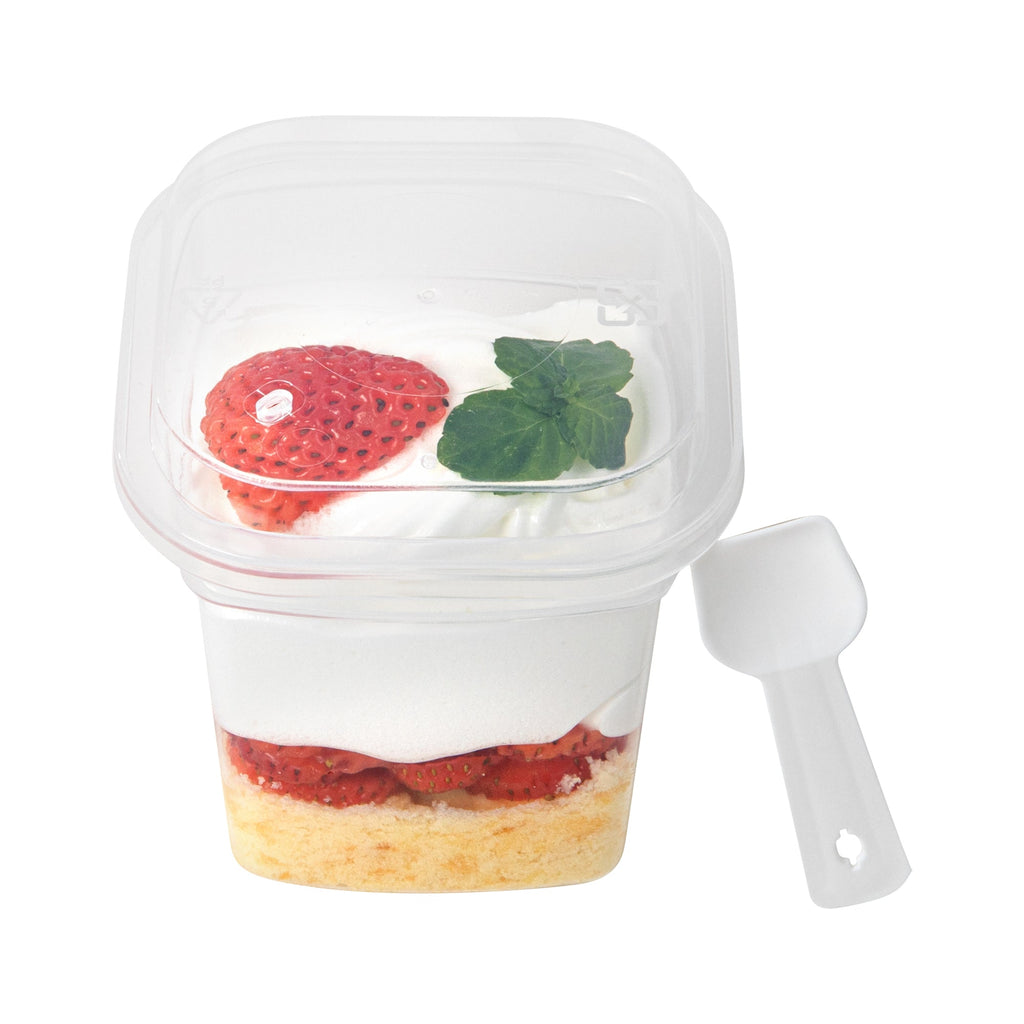 Mini Serve 7 oz Square Clear Plastic Dessert Cup - with Lid and Spoon - 3 1/4'' x 3 1/4'' x 3 1/2'' - 100 count box