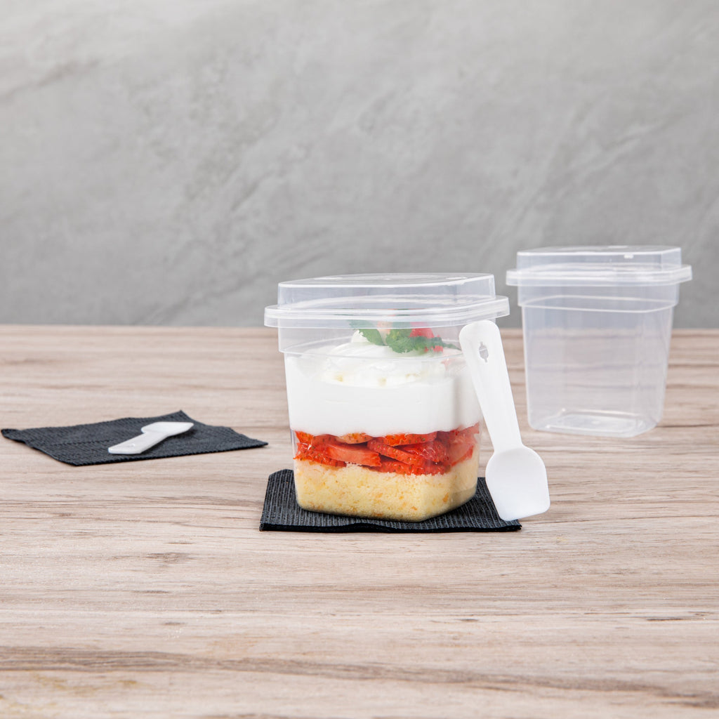Mini Serve 7 oz Square Clear Plastic Dessert Cup - with Lid and Spoon - 3 1/4'' x 3 1/4'' x 3 1/2'' - 100 count box