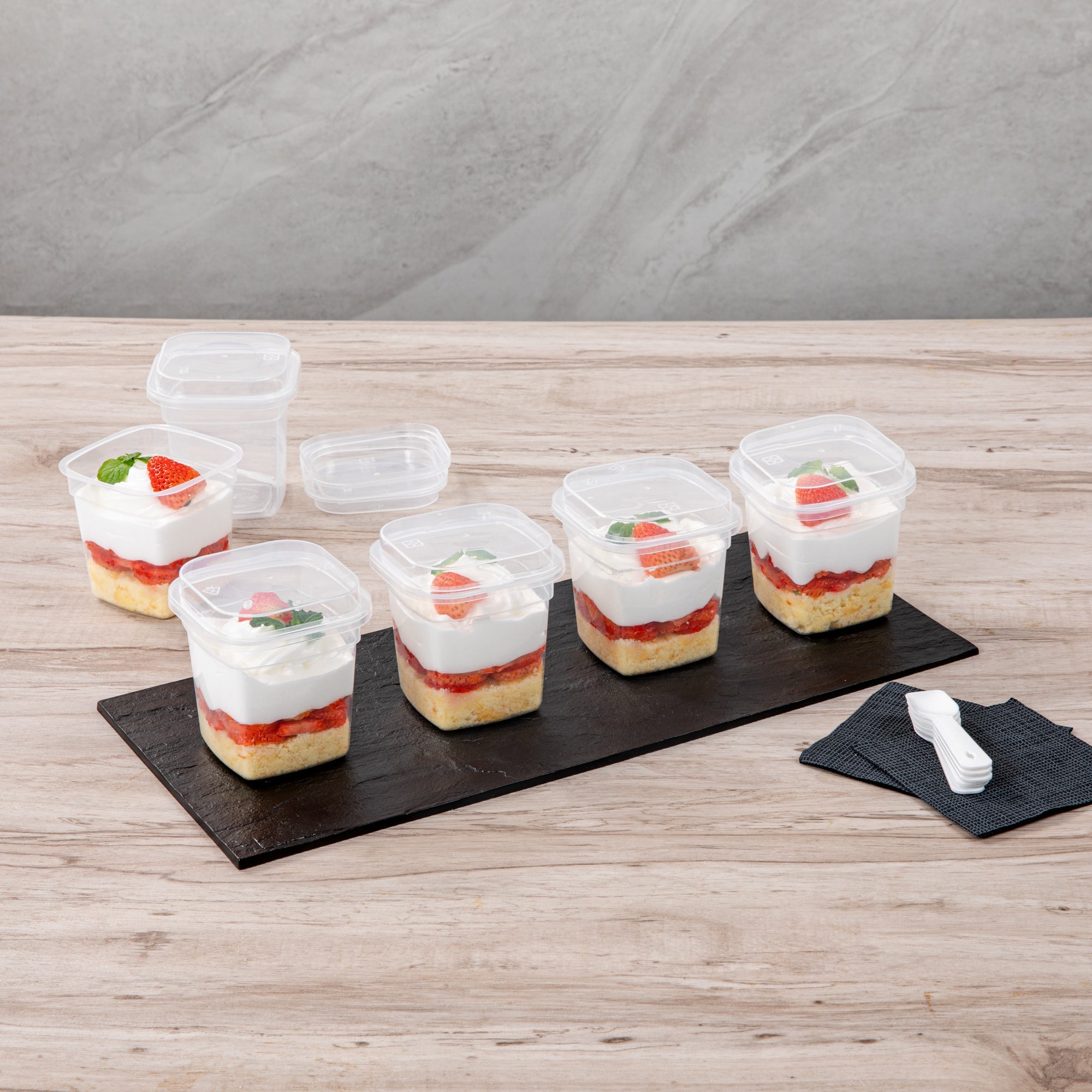 Mini Serve 7 oz Square Clear Plastic Dessert Cup - with Lid and Spoon - 3 1/4'' x 3 1/4'' x 3 1/2'' - 100 count box