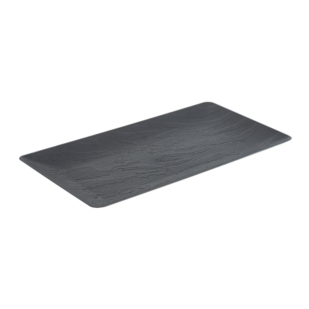 Maxi Serve Rectangle Matte Black Plastic Plate - 17" x 9" - 25 count box