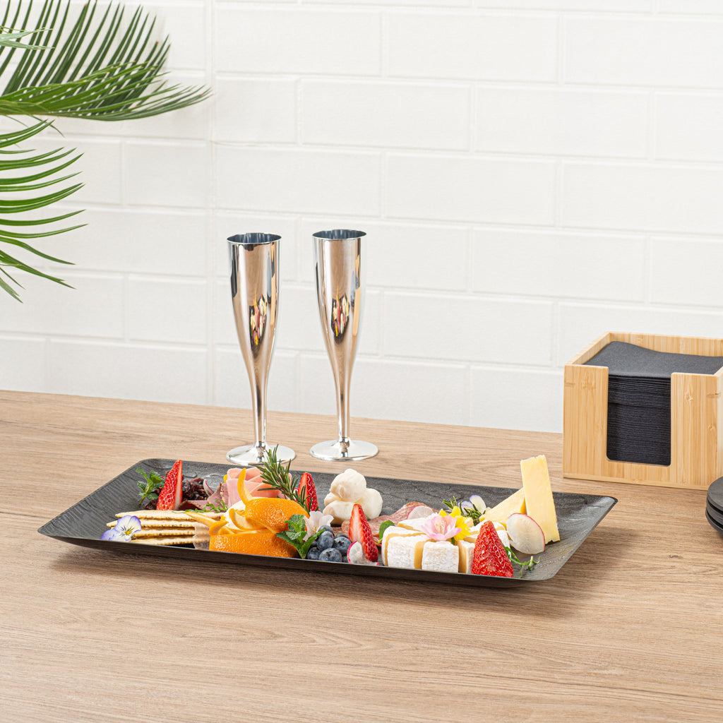 Maxi Serve Rectangle Matte Black Plastic Plate - 17" x 9" - 25 count box