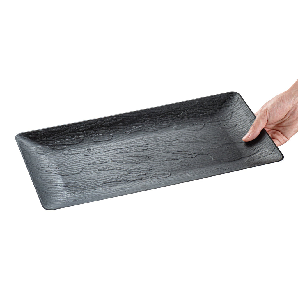Maxi Serve Rectangle Matte Black Plastic Plate - 17" x 9" - 25 count box