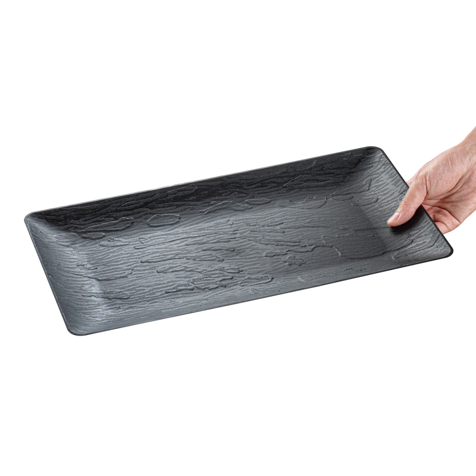 Maxi Serve Rectangle Matte Black Plastic Plate - 17" x 9" - 25 count box
