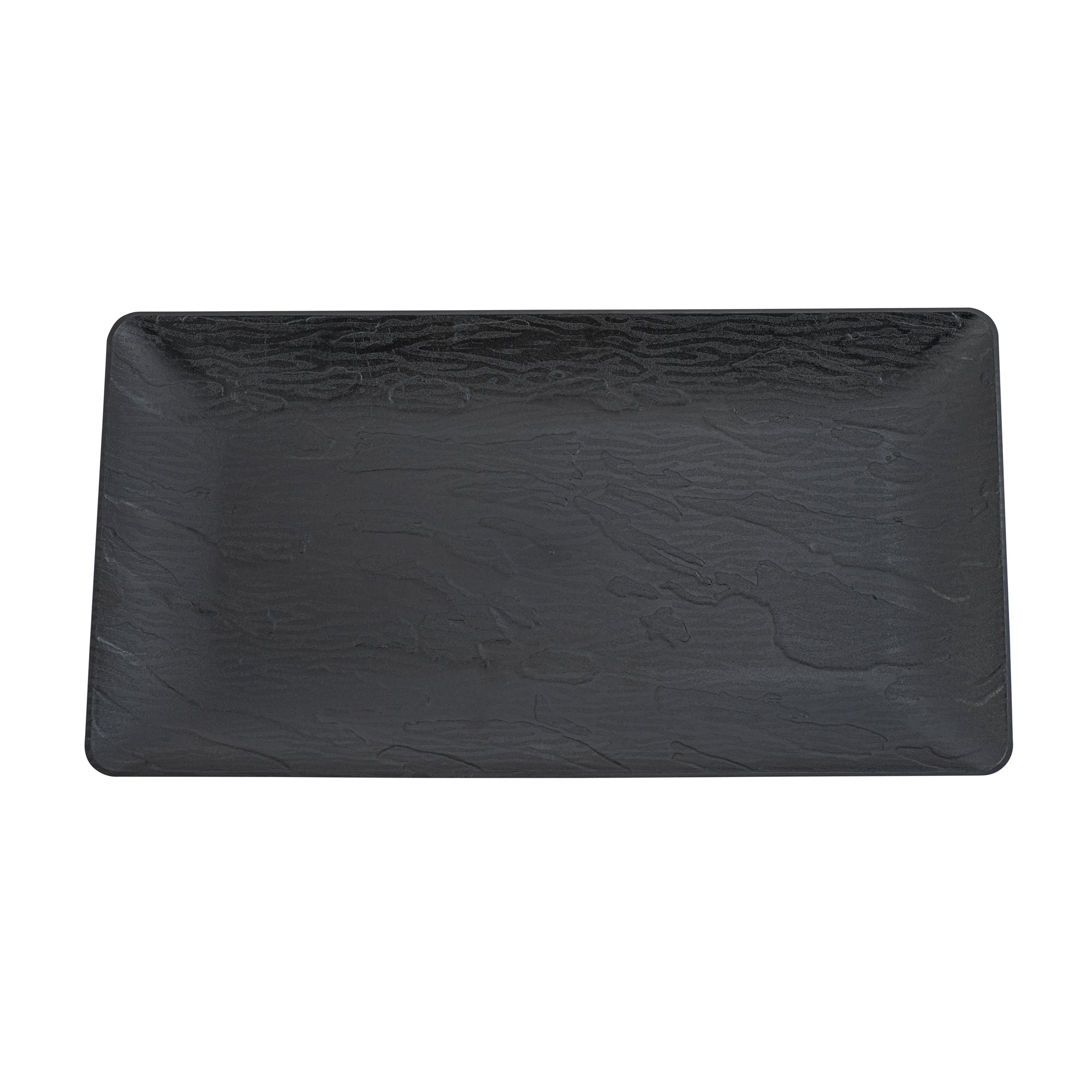 Maxi Serve Rectangle Matte Black Plastic Plate - 17" x 9" - 25 count box