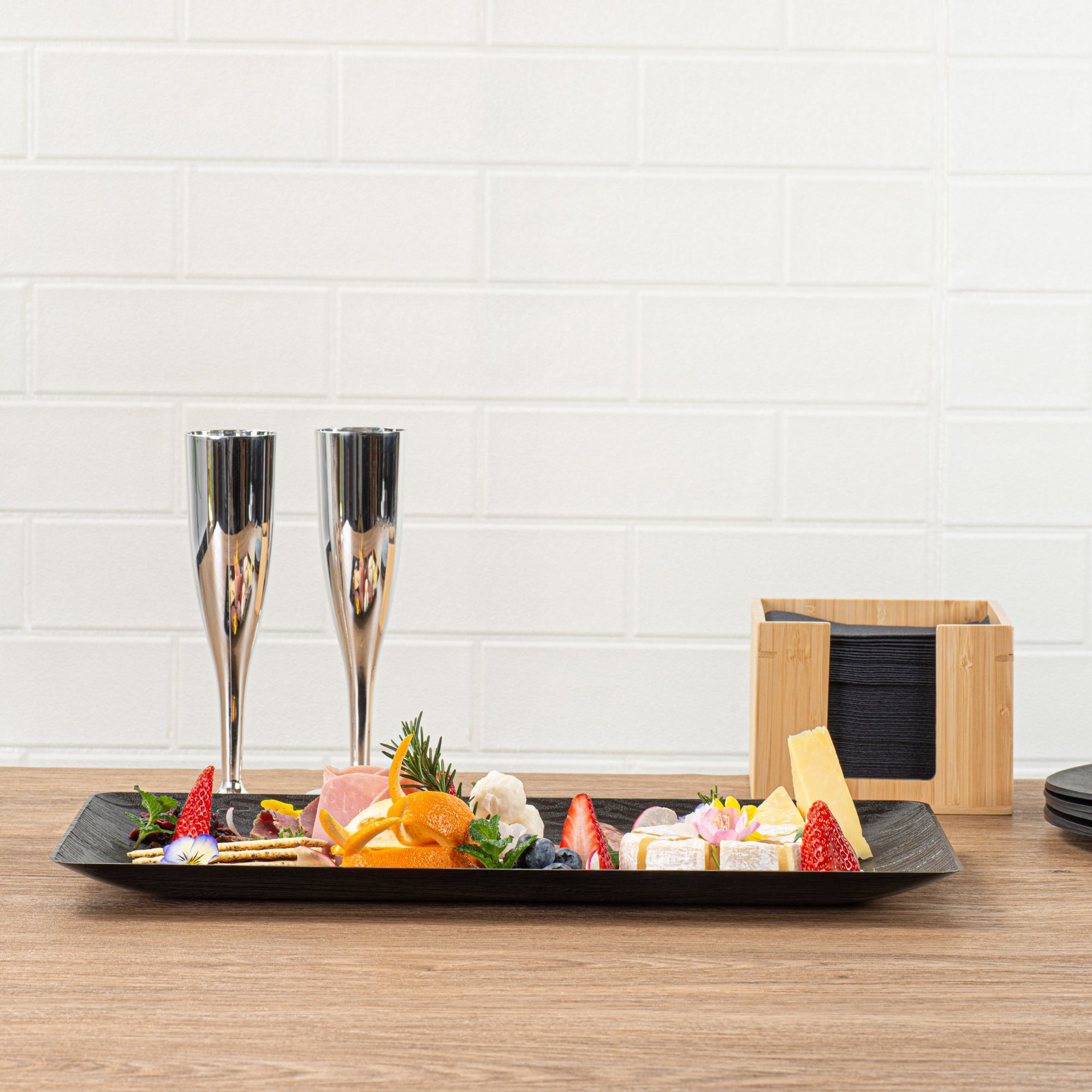 Maxi Serve Rectangle Matte Black Plastic Plate - 17" x 9" - 25 count box