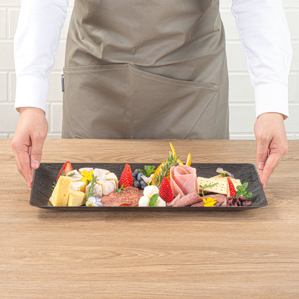 Maxi Serve Rectangle Matte Black Plastic Plate - 17" x 9" - 25 count box