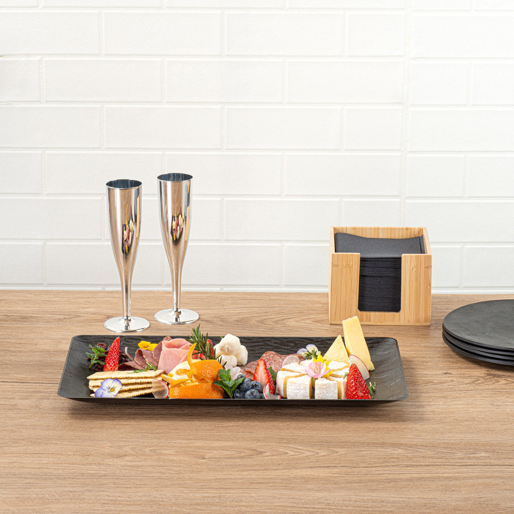 Maxi Serve Rectangle Matte Black Plastic Plate - 17" x 9" - 25 count box