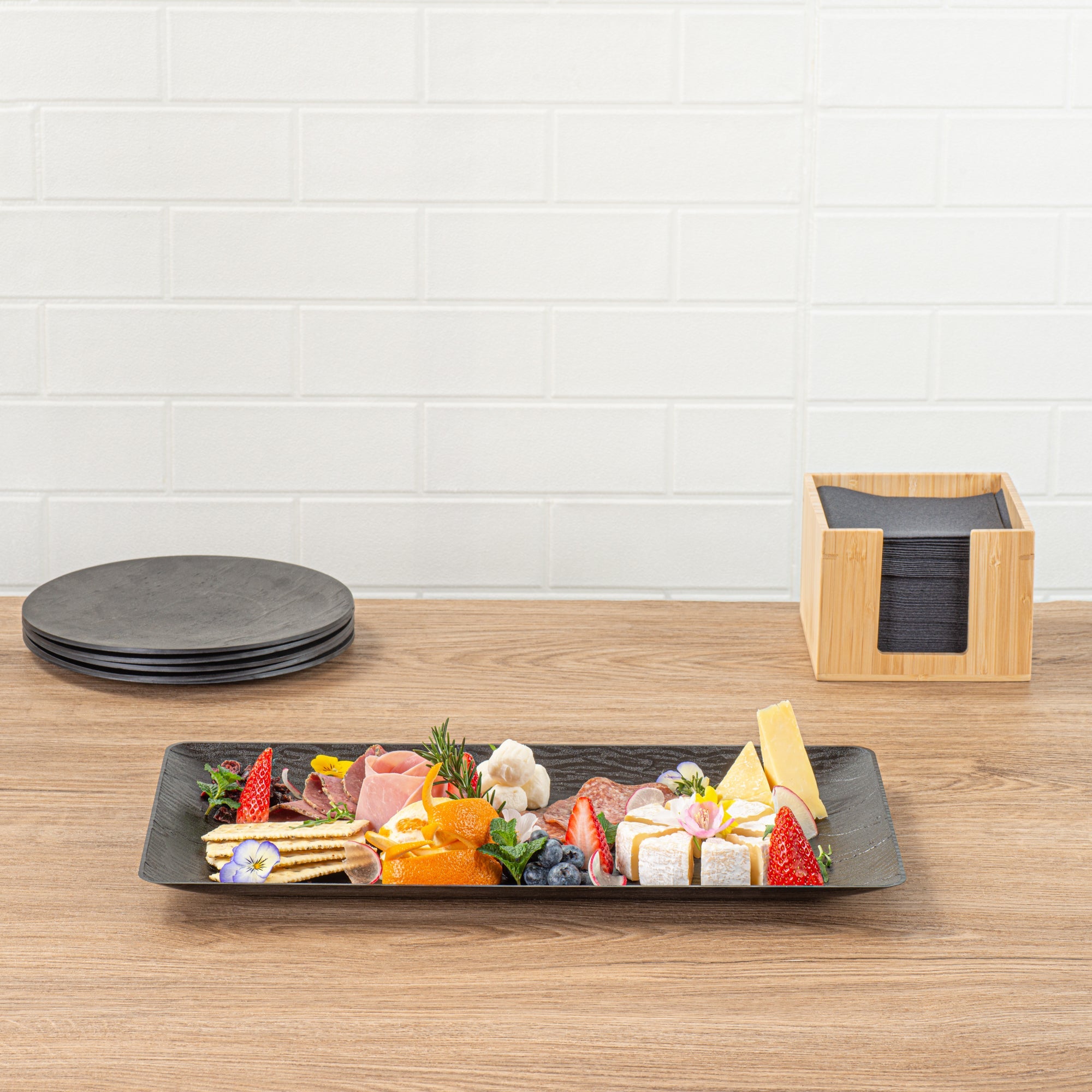Maxi Serve Rectangle Matte Black Plastic Plate - 17" x 9" - 25 count box