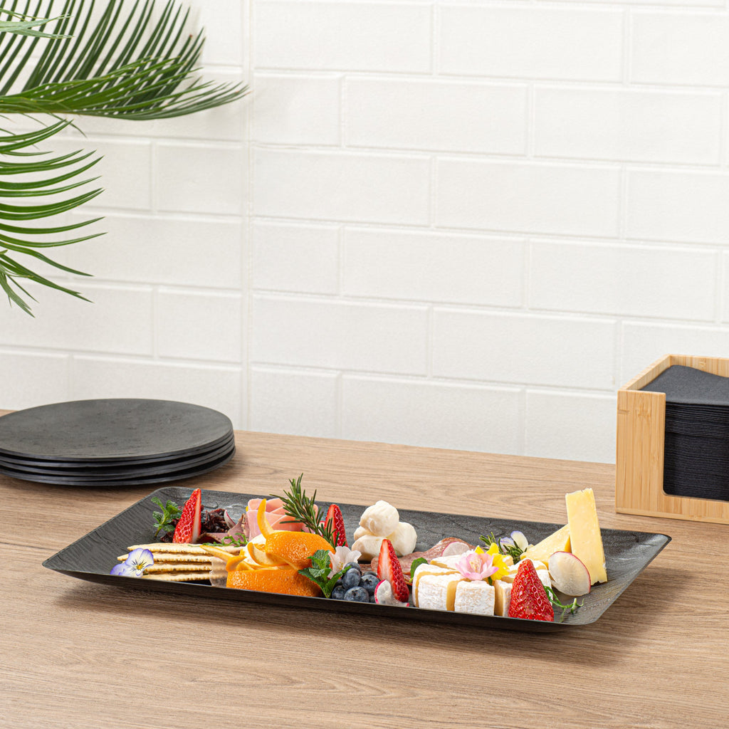 Maxi Serve Rectangle Matte Black Plastic Plate - 17" x 9" - 25 count box