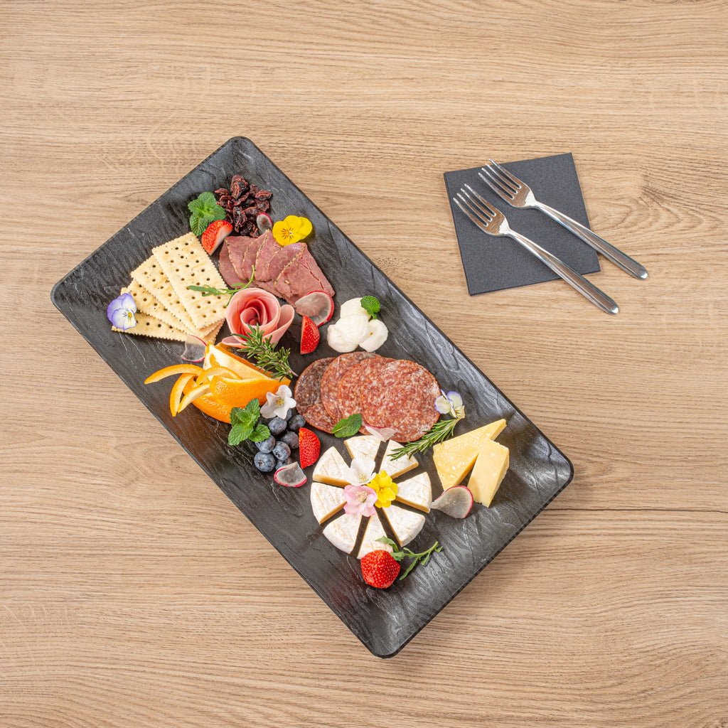Maxi Serve Rectangle Matte Black Plastic Plate - 17" x 9" - 25 count box