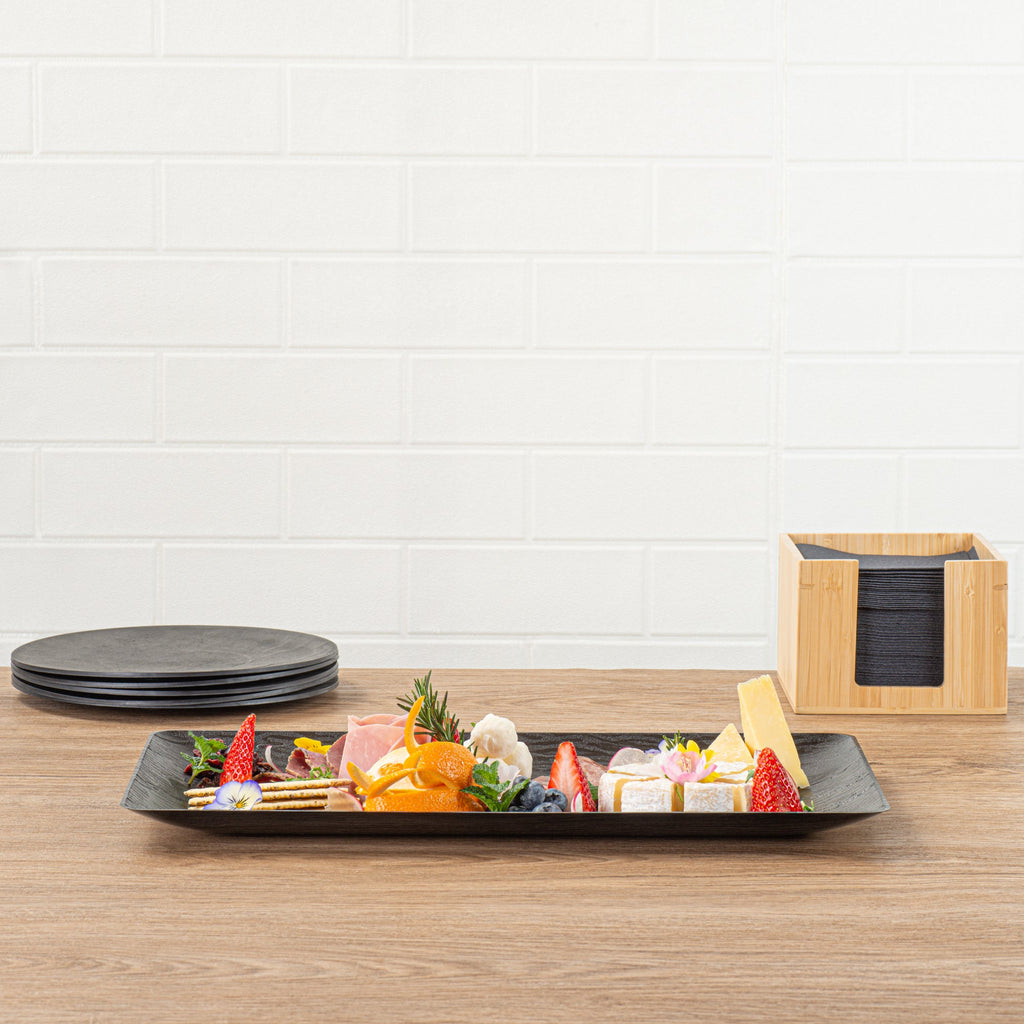 Maxi Serve Rectangle Matte Black Plastic Plate - 17" x 9" - 25 count box