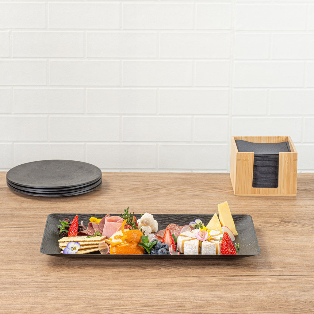 Maxi Serve Rectangle Matte Black Plastic Plate - 17" x 9" - 100 count box