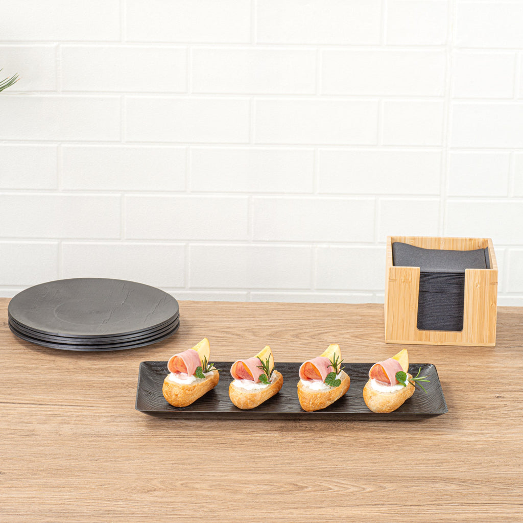 Maxi Serve Rectangle Matte Black Plastic Plate - 14 1/4" x 6 1/4" - 25 count box