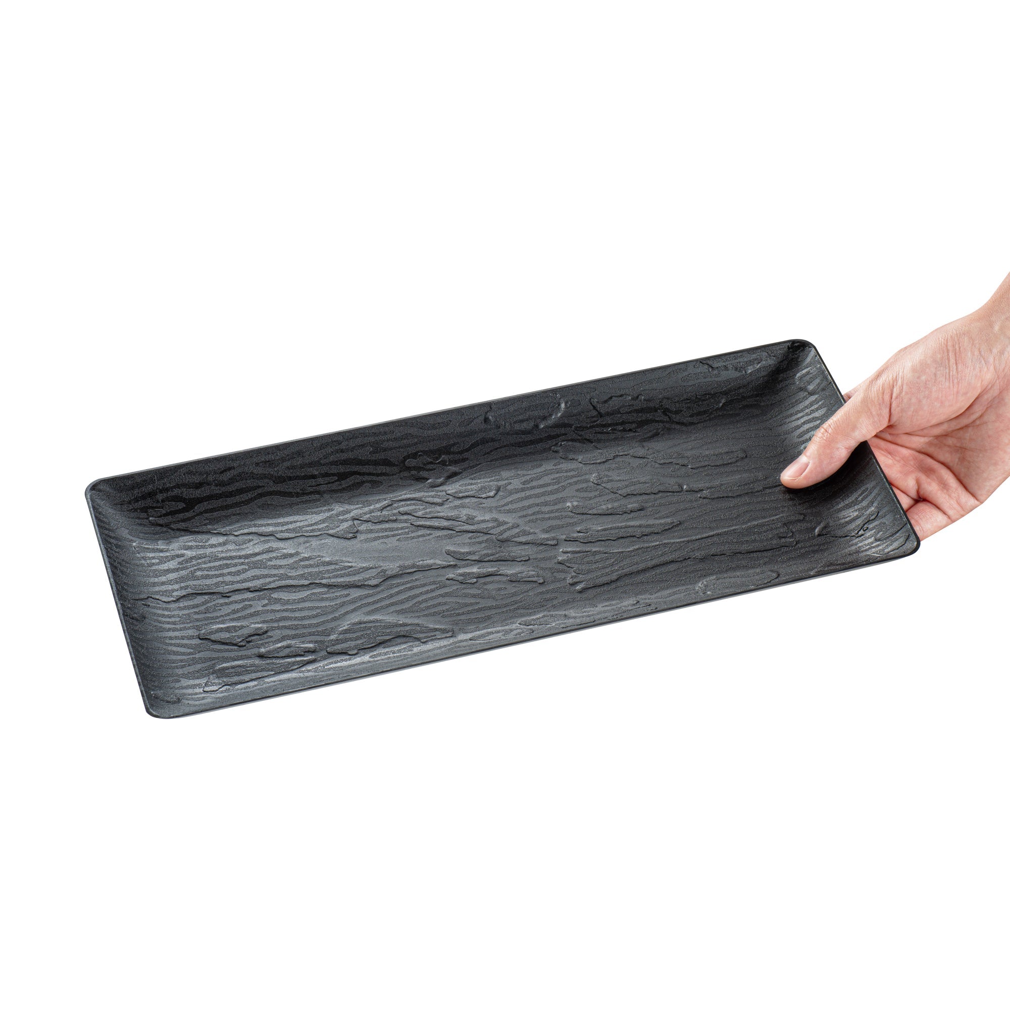 Maxi Serve Rectangle Matte Black Plastic Plate - 14 1/4" x 6 1/4" - 25 count box