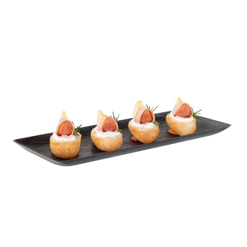 Maxi Serve Rectangle Matte Black Plastic Plate - 14 1/4" x 6 1/4" - 25 count box