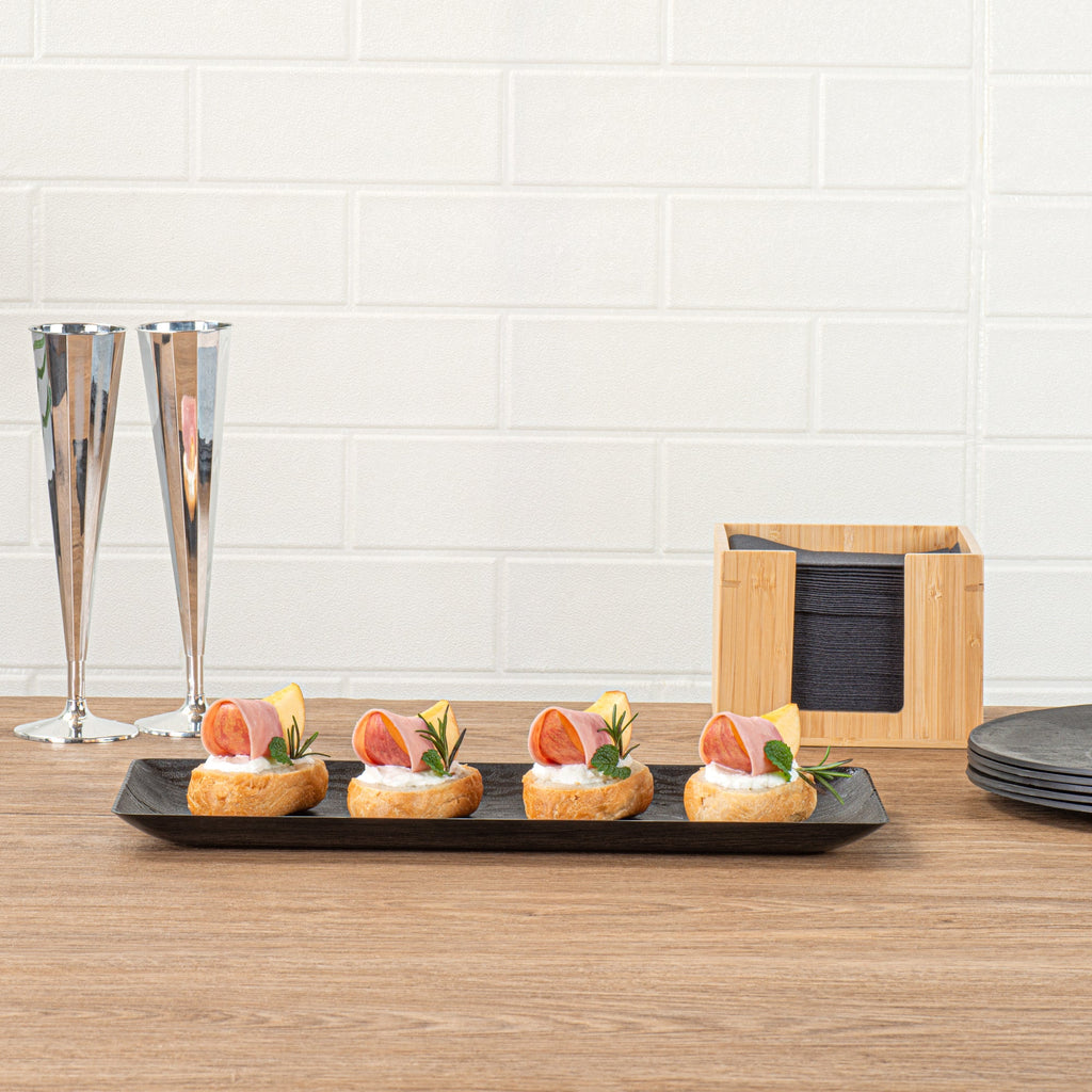 Maxi Serve Rectangle Matte Black Plastic Plate - 14 1/4" x 6 1/4" - 25 count box