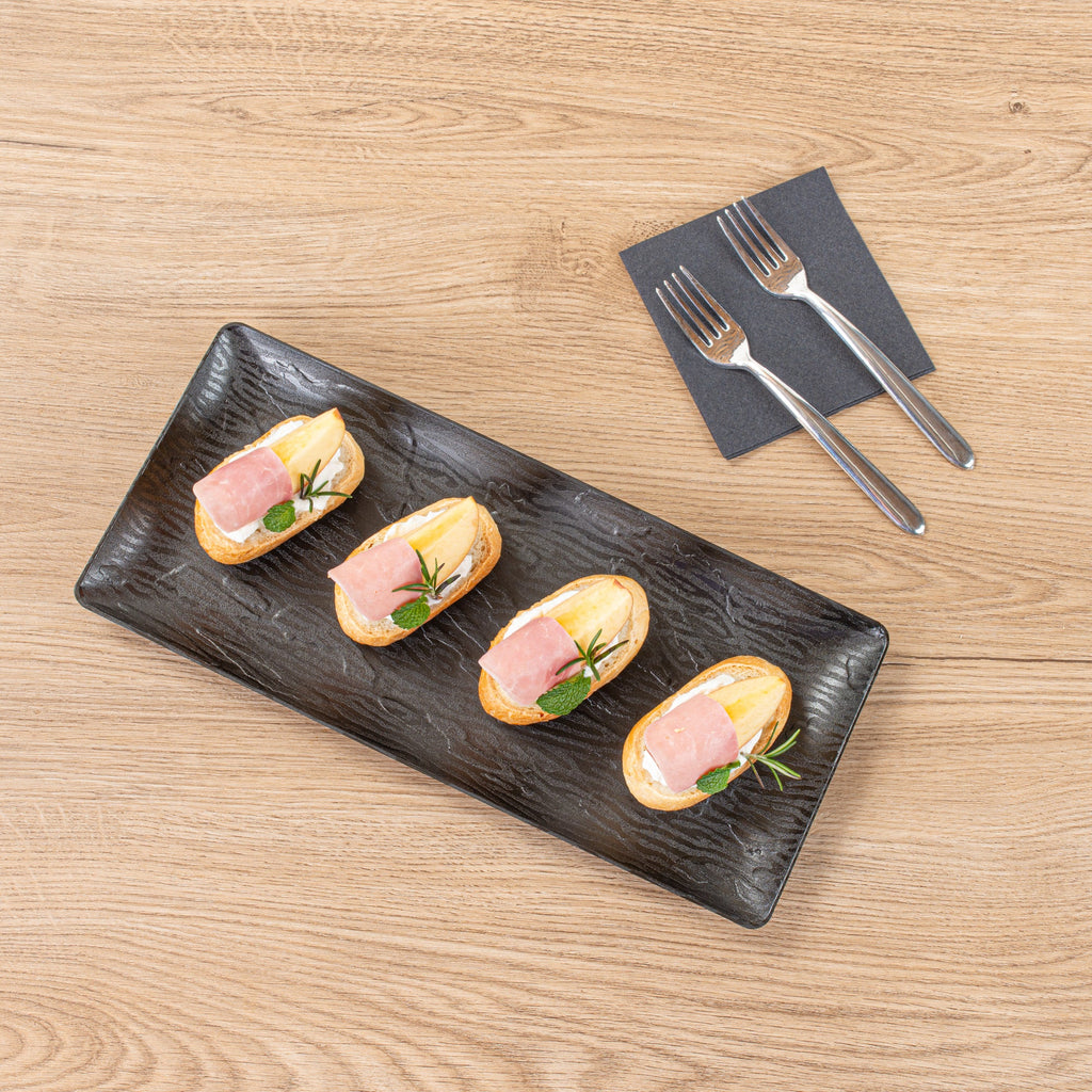 Maxi Serve Rectangle Matte Black Plastic Plate - 14 1/4" x 6 1/4" - 25 count box