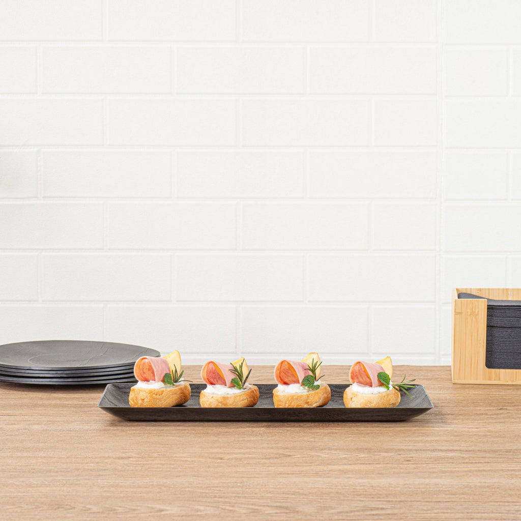 Maxi Serve Rectangle Matte Black Plastic Plate - 14 1/4" x 6 1/4" - 25 count box