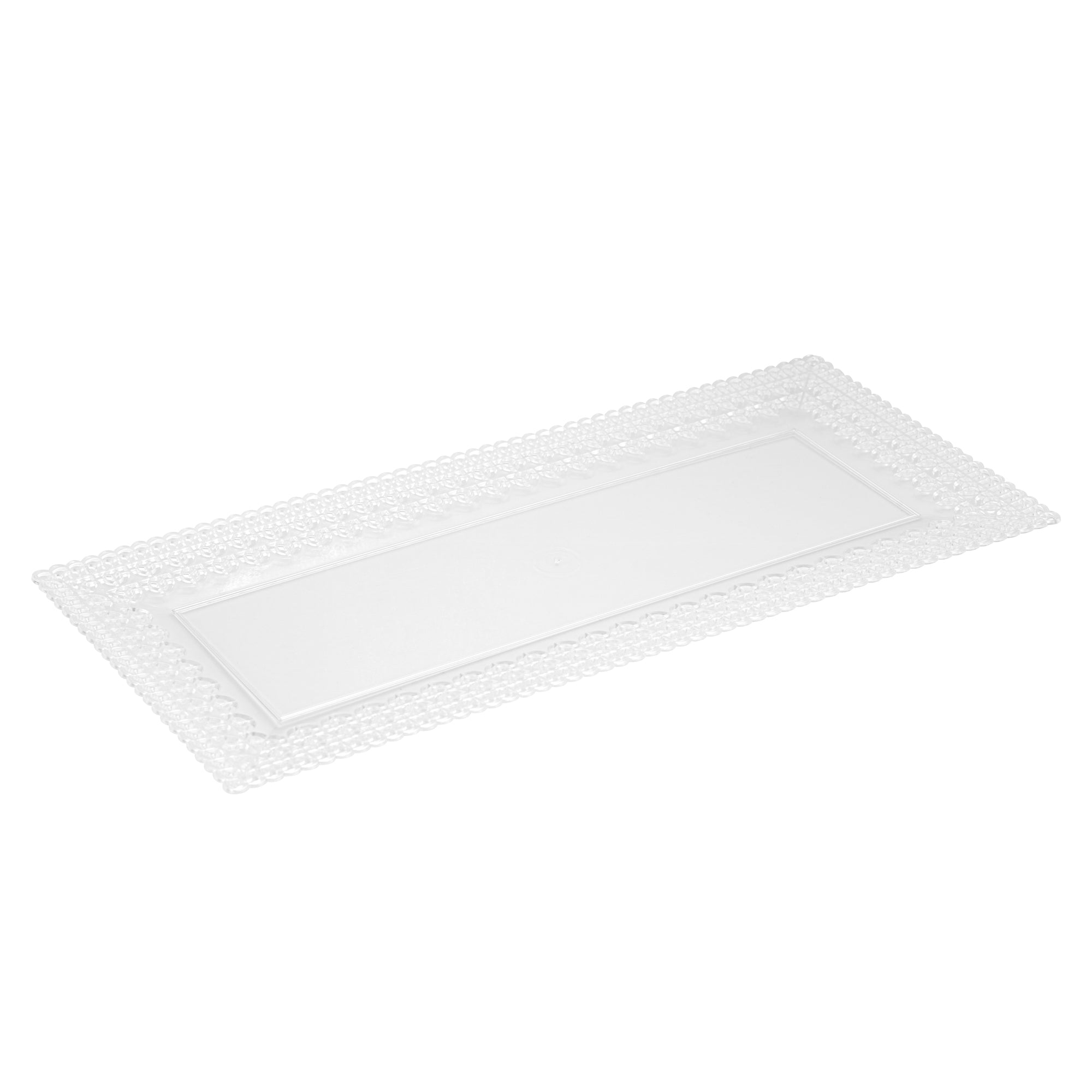 Maxi Serve Rectangle Clear Plastic Plate - with Lace Rim - 14 1/4" x 6 1/4" - 25 count box