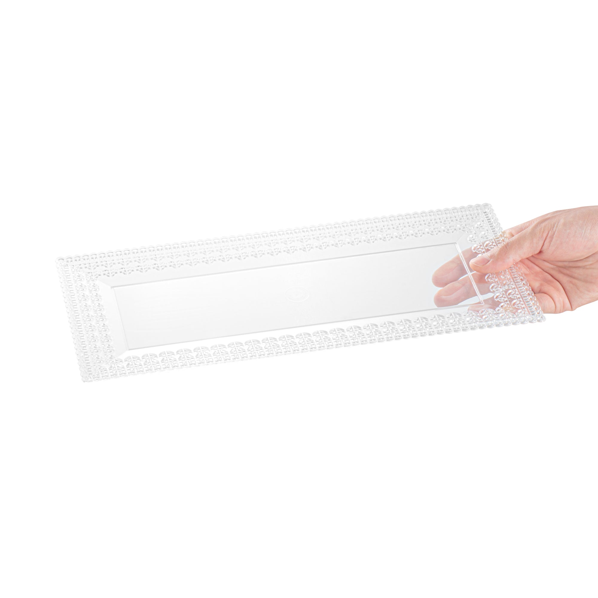 Maxi Serve Rectangle Clear Plastic Plate - with Lace Rim - 14 1/4" x 6 1/4" - 100 count box