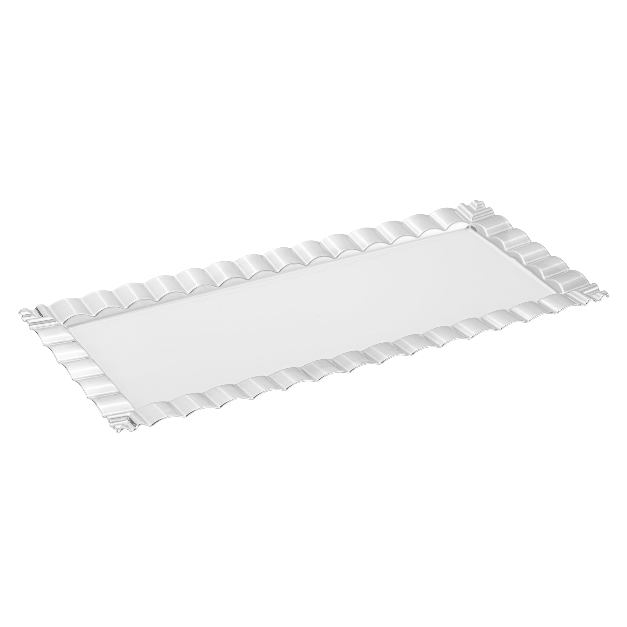 Maxi Serve Rectangle White Plastic Plate - with Silver Ruffled Rim - 14 1/4" x 6 1/4" - 25 count box