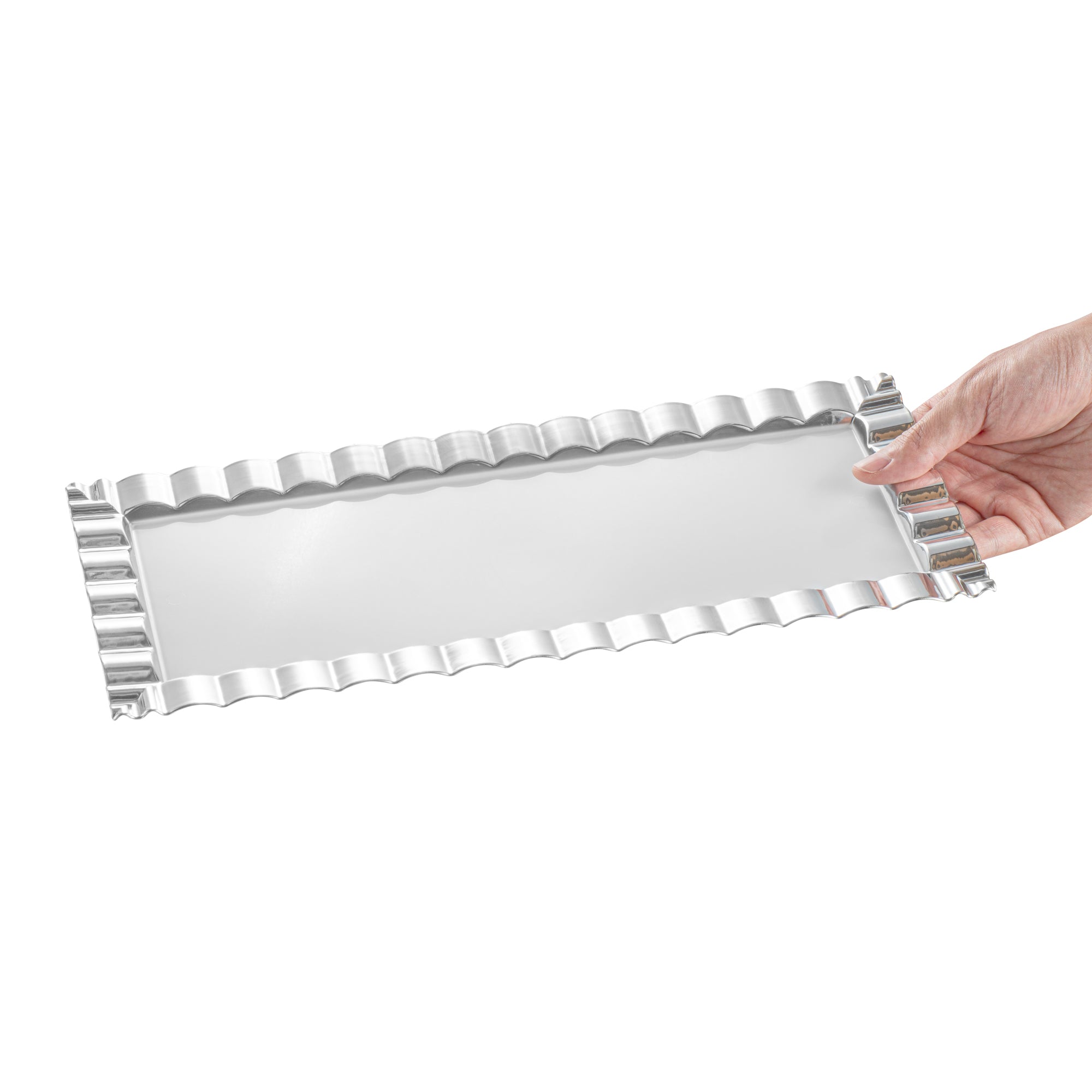 Maxi Serve Rectangle White Plastic Plate - with Silver Ruffled Rim - 14 1/4" x 6 1/4" - 25 count box