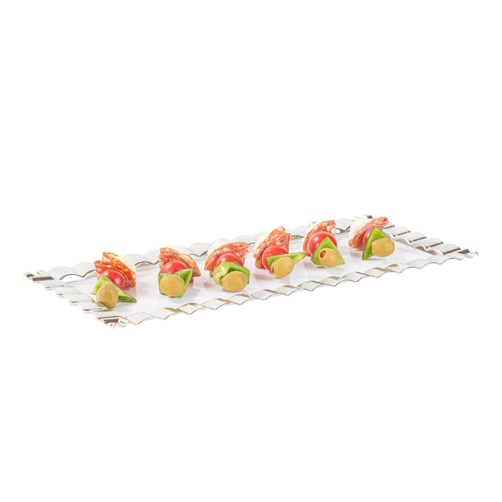 Maxi Serve Rectangle White Plastic Plate - with Silver Ruffled Rim - 14 1/4" x 6 1/4" - 25 count box