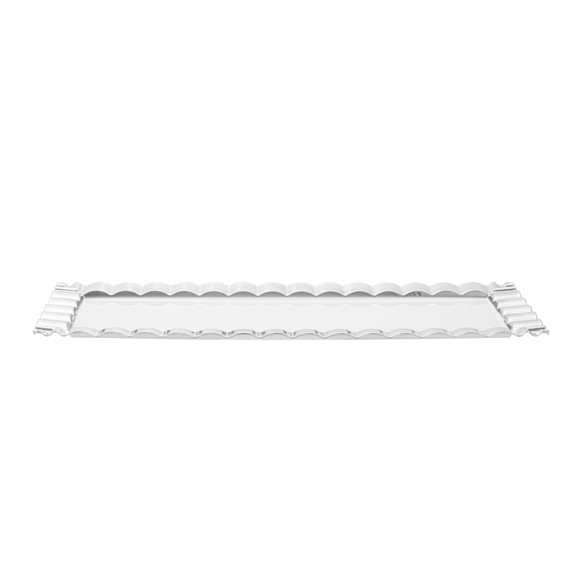Maxi Serve Rectangle White Plastic Plate - with Silver Ruffled Rim - 14 1/4" x 6 1/4" - 25 count box