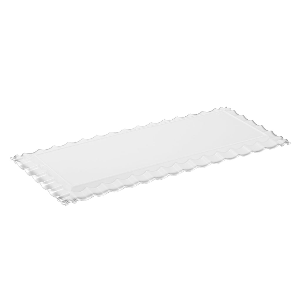 Maxi Serve Rectangle White Plastic Plate - with Silver Ruffled Rim - 14 1/4" x 6 1/4" - 25 count box