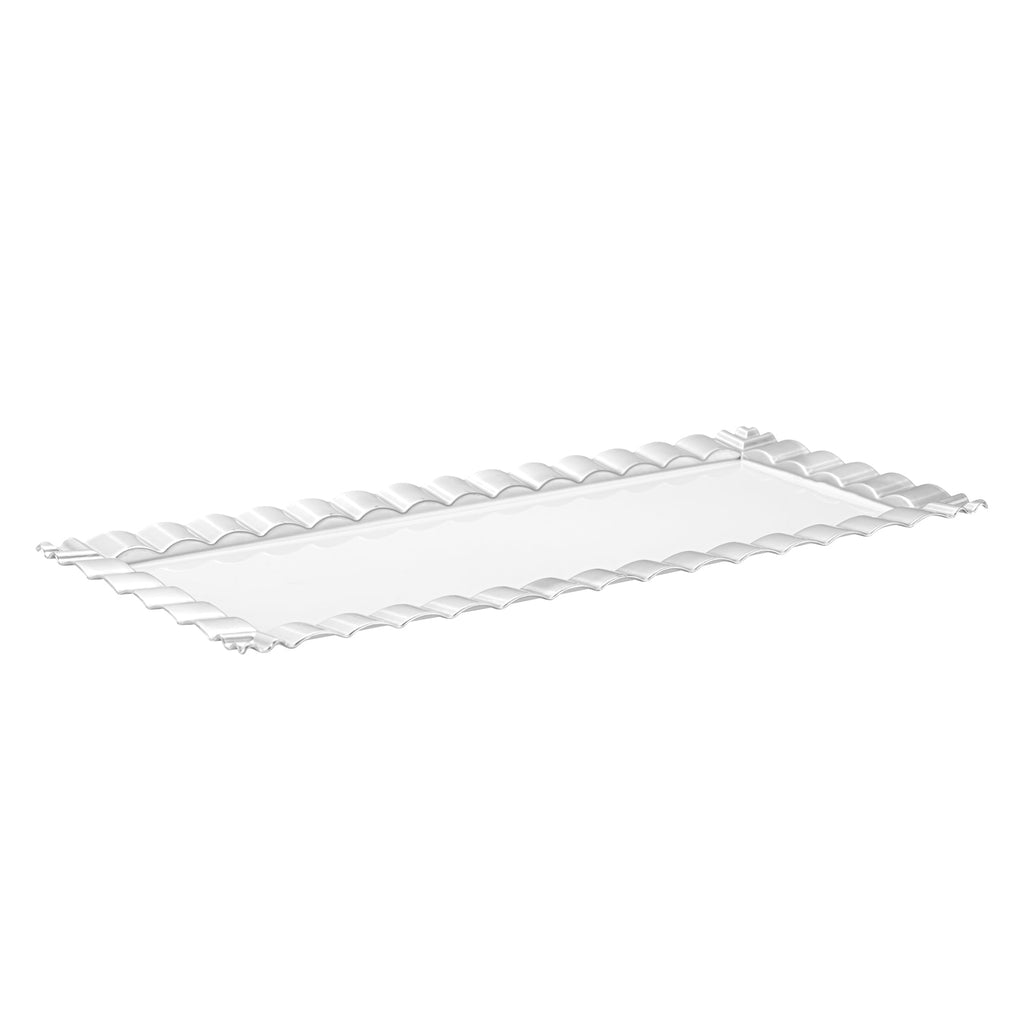Maxi Serve Rectangle White Plastic Plate - with Silver Ruffled Rim - 14 1/4" x 6 1/4" - 25 count box