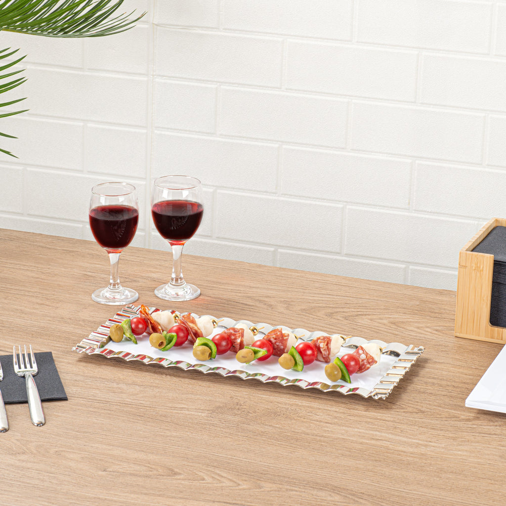 Maxi Serve Rectangle White Plastic Plate - with Silver Ruffled Rim - 14 1/4" x 6 1/4" - 25 count box