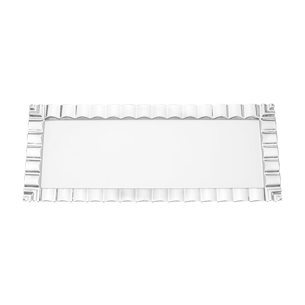 Maxi Serve Rectangle White Plastic Plate - with Silver Ruffled Rim - 14 1/4" x 6 1/4" - 100 count box