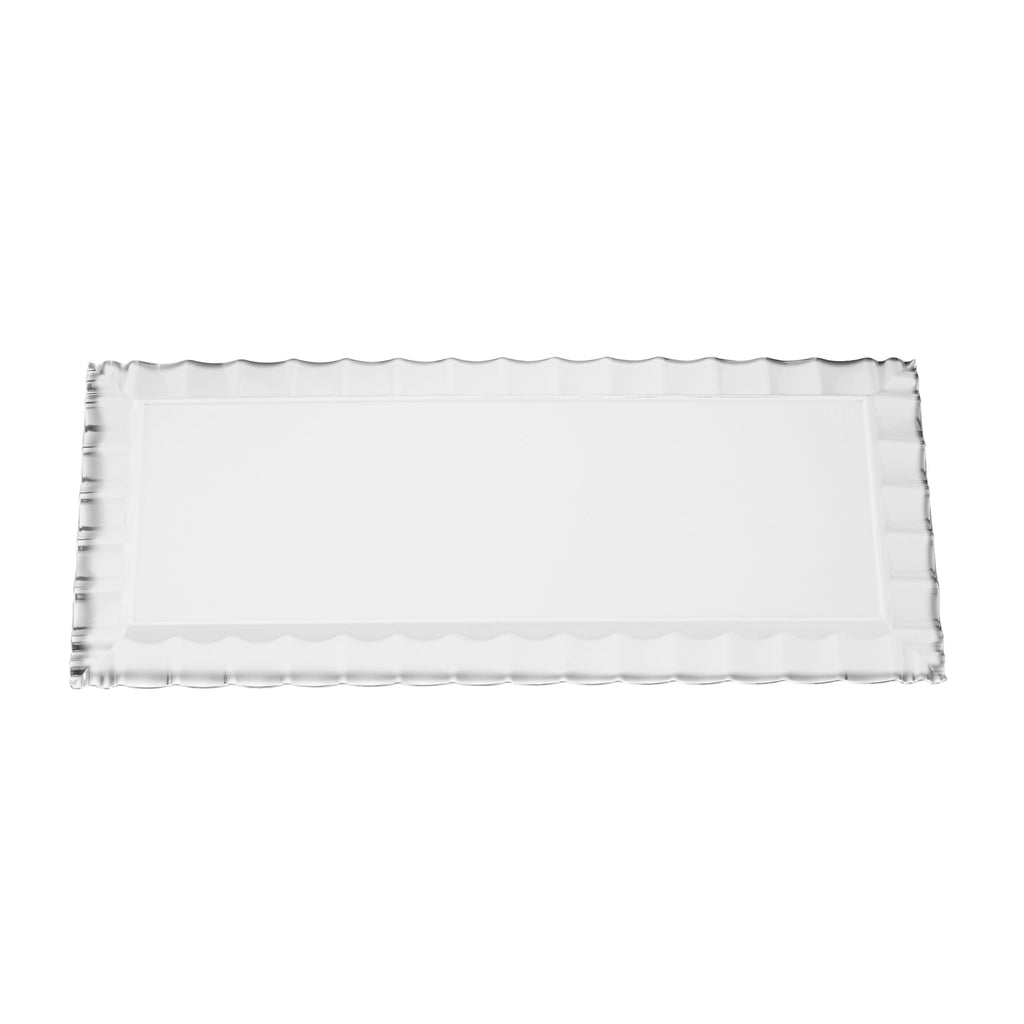 Maxi Serve Rectangle White Plastic Plate - with Silver Ruffled Rim - 14 1/4" x 6 1/4" - 100 count box