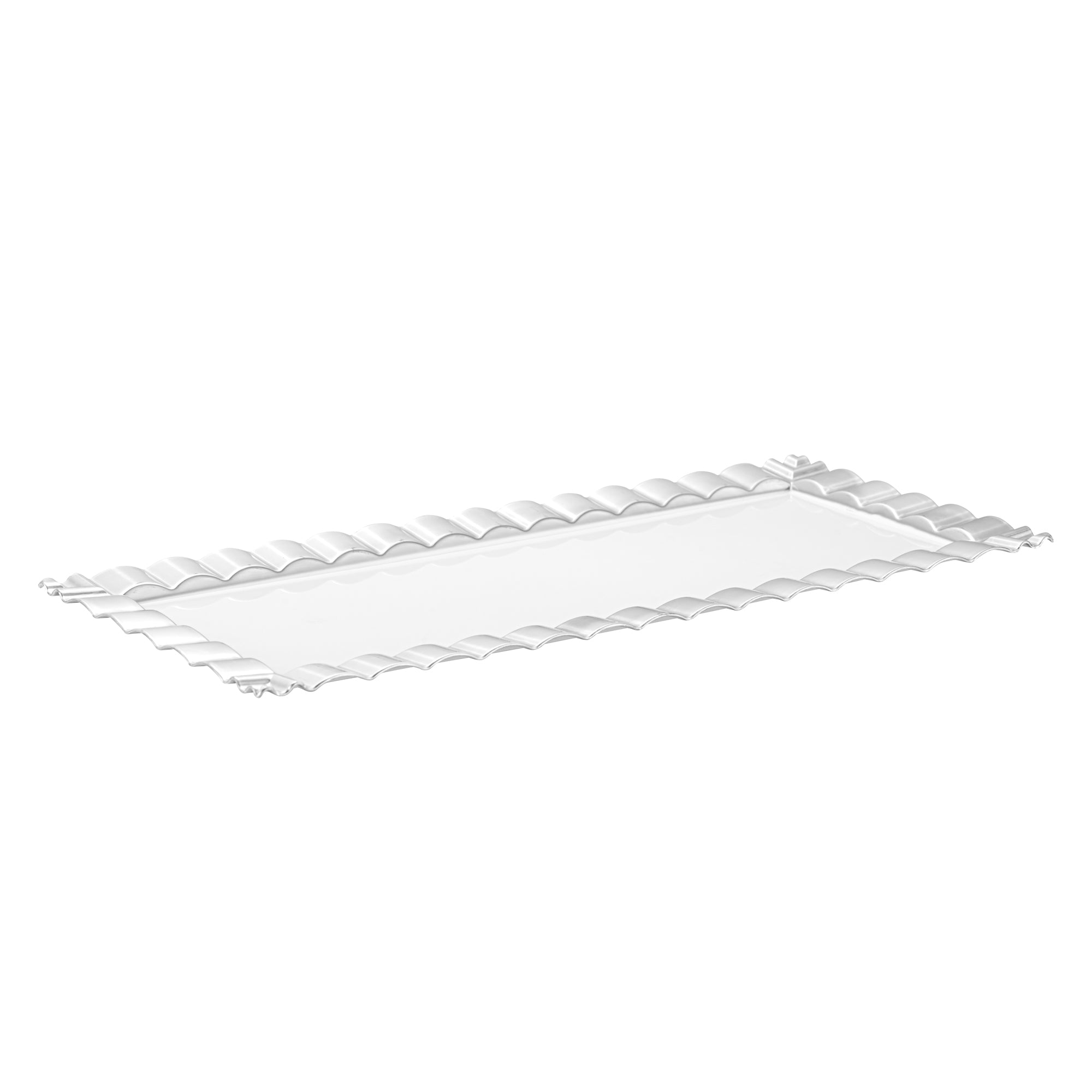 Maxi Serve Rectangle White Plastic Plate - with Silver Ruffled Rim - 14 1/4" x 6 1/4" - 100 count box