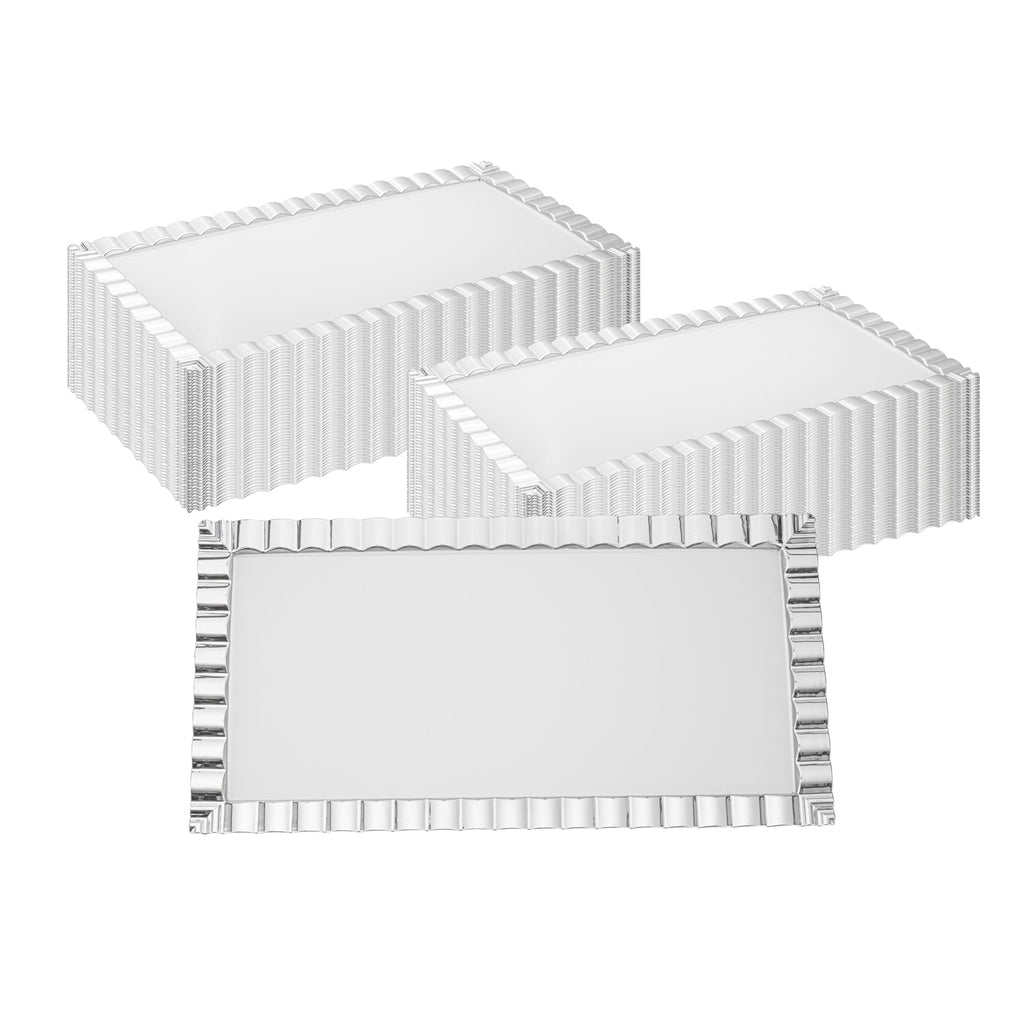 Maxi Serve Rectangle White Plastic Plate - with Silver Ruffled Rim - 17" x 9" - 100 count box