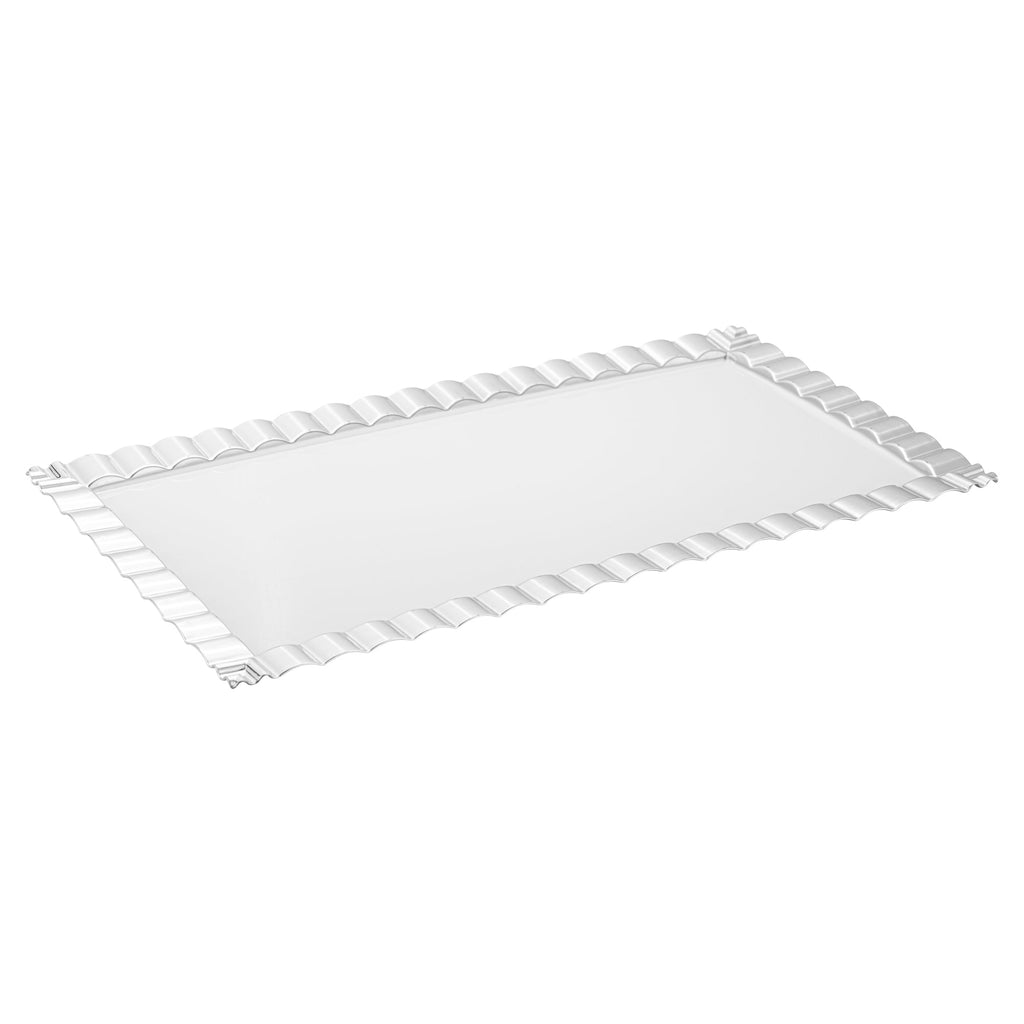 Maxi Serve Rectangle White Plastic Plate - with Silver Ruffled Rim - 17" x 9" - 25 count box